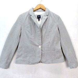 Gap Blazer Women Gray White Seersucker Pin Stripe Nautical Preppy Classic Size 8